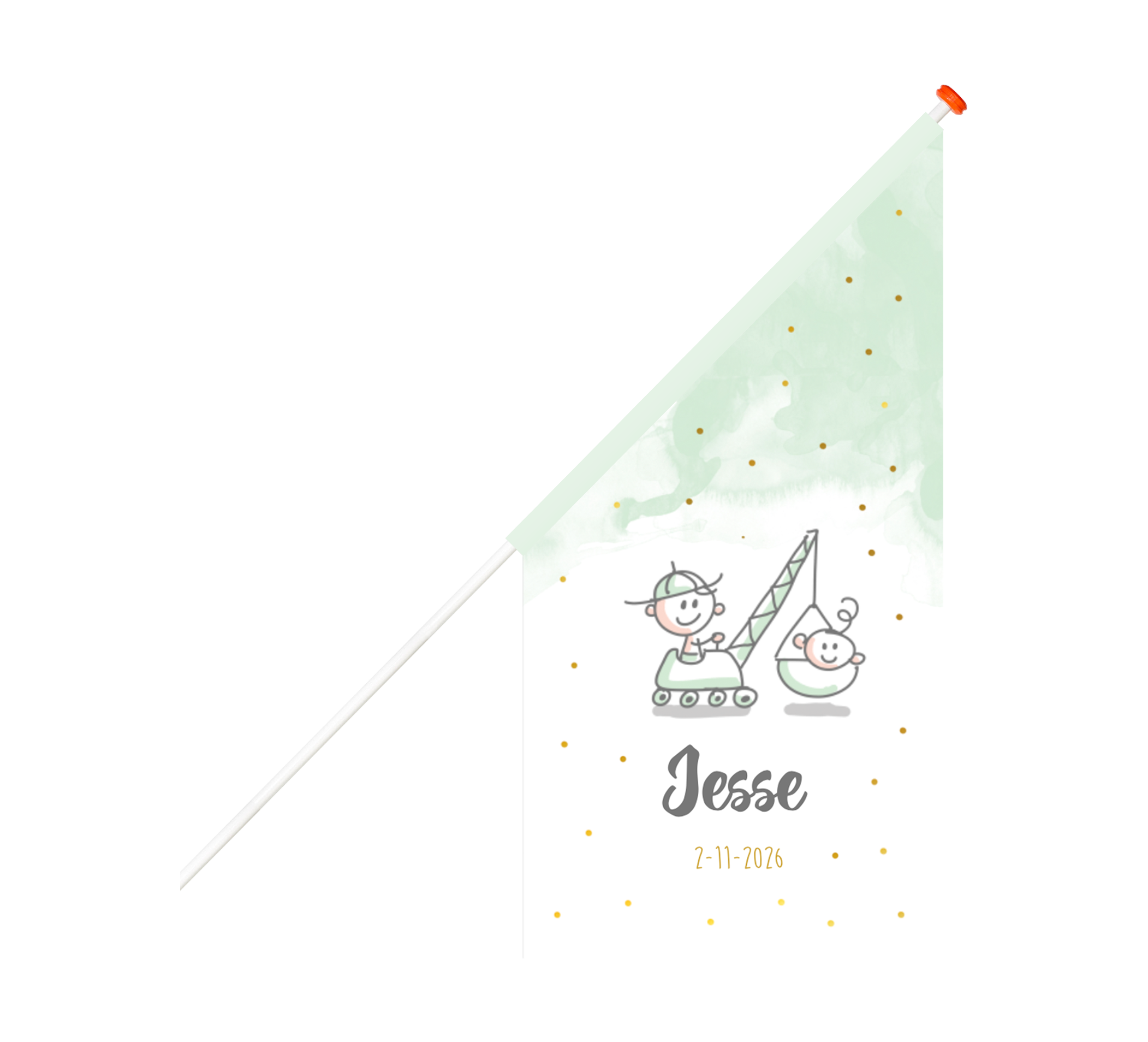 Geboortevlag groen met grote broer en hijskraan