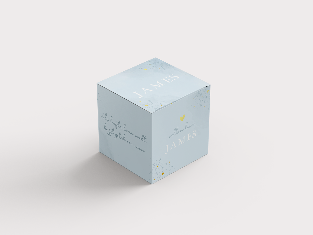 Vrolijk lichtblauwe watercolor doopsuikerdoosje met goudfolie