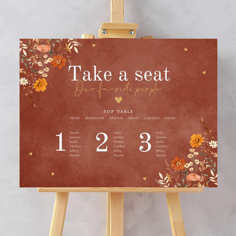 Tafelschikking bord bruiloft roestbruin herfst bloemen