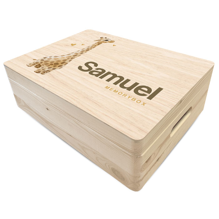 Lieve memory box geboorte van hout met girafje en hartjes