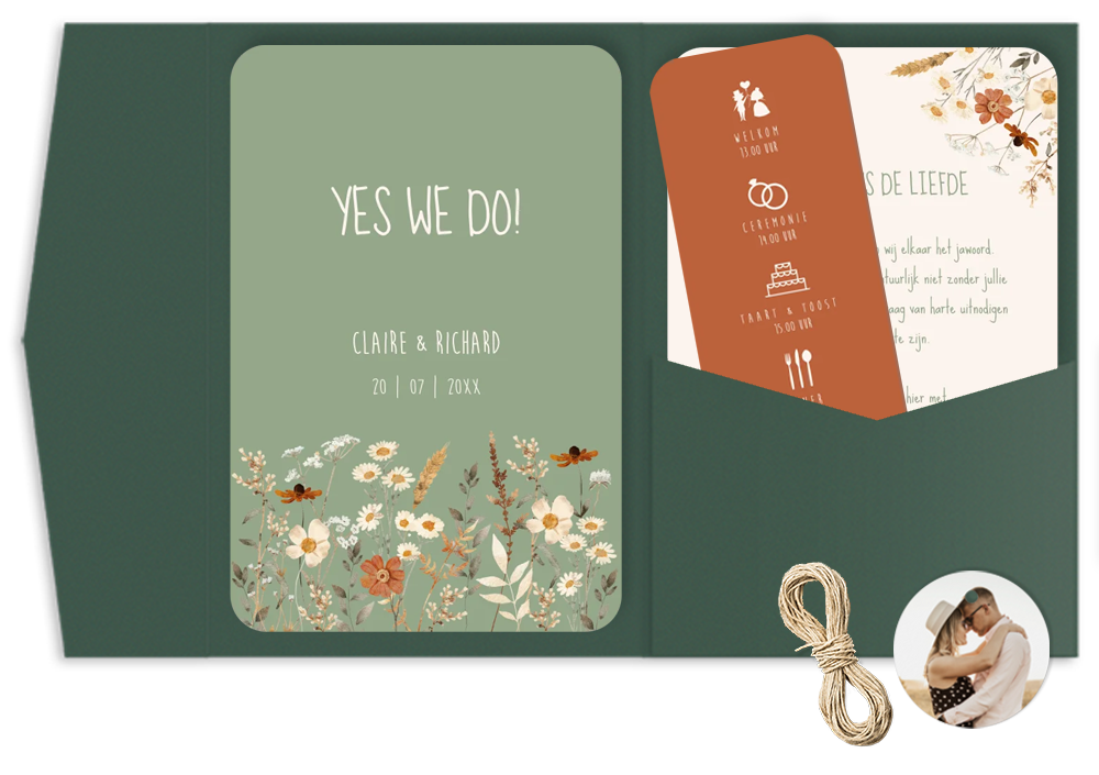 Pocketfold trouwkaart set veldbloemen groen beige