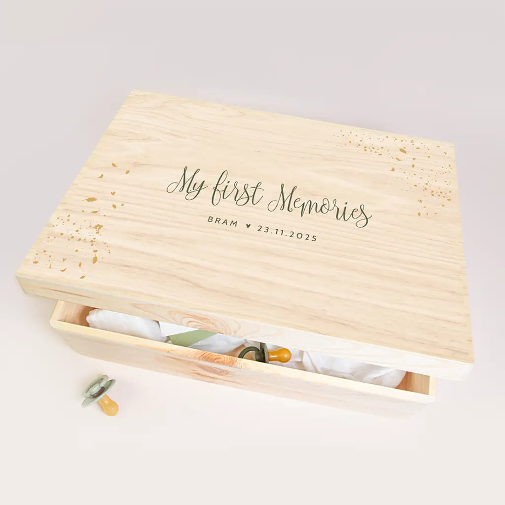 Memorybox met leuke typografie en goudspetters