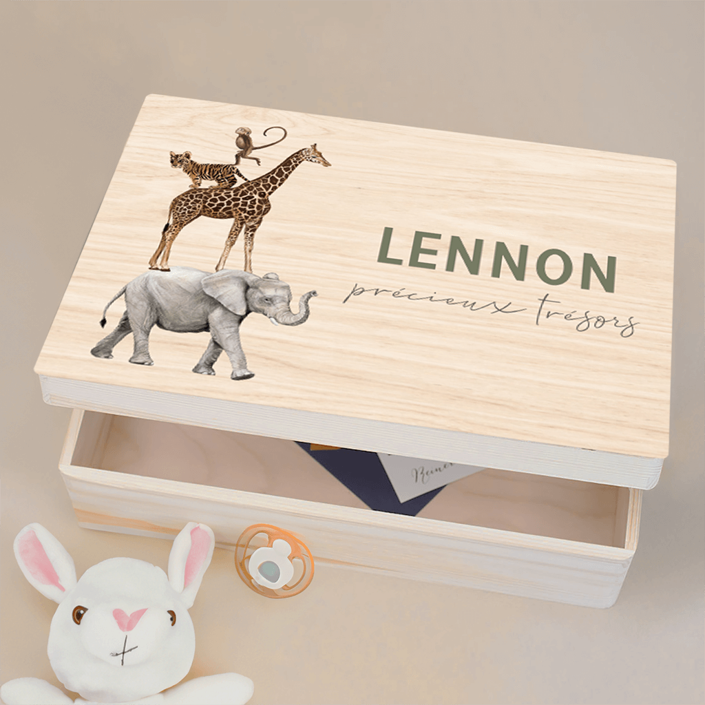 Boîte à souvenirs avec éléphant, girafe, singe et tigre