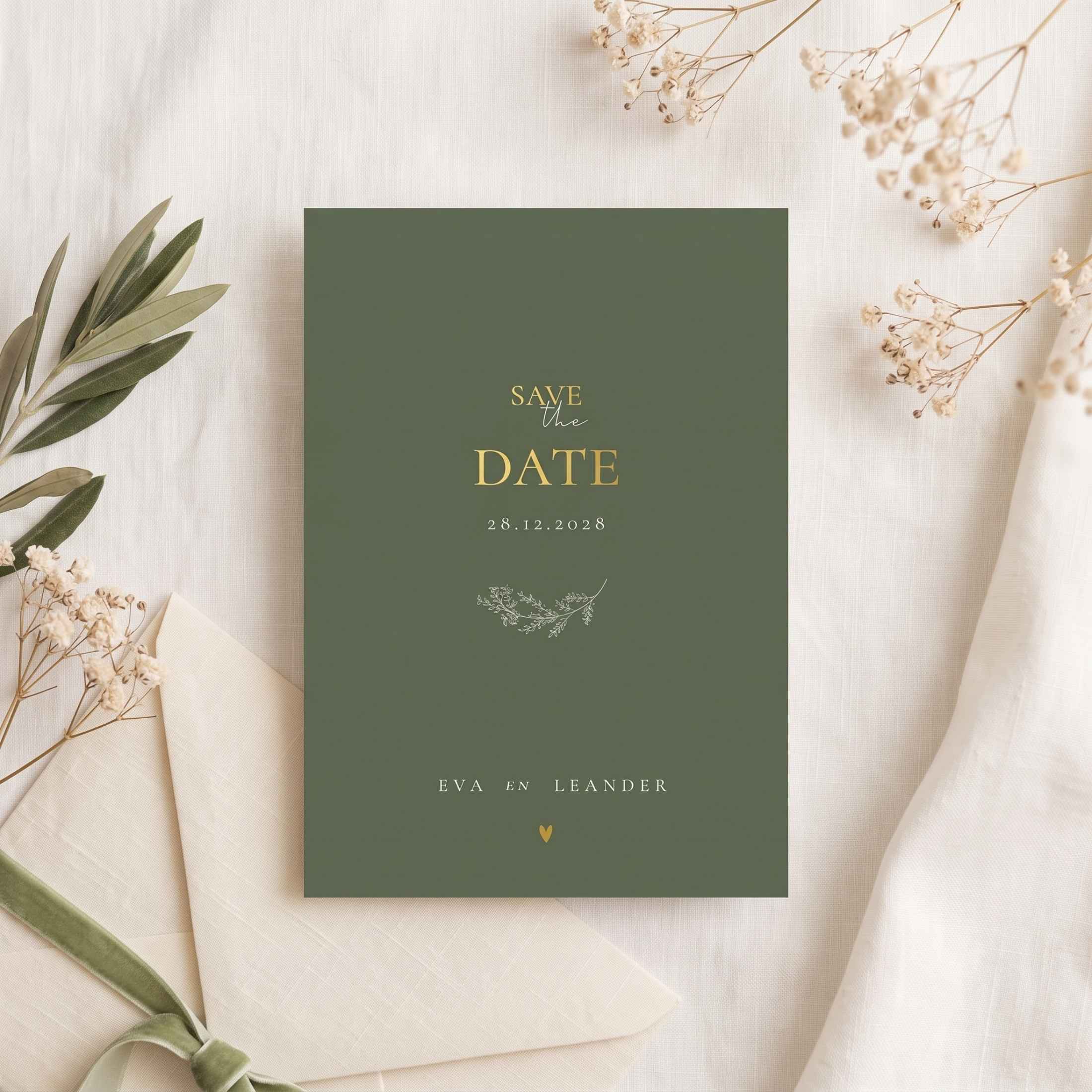 Save the Date groen bladerkrans