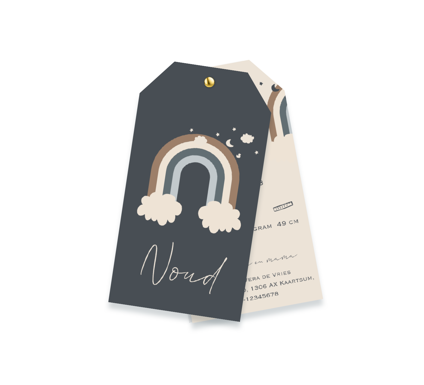 Label geboortekaartje blauw jongen met regenboogje