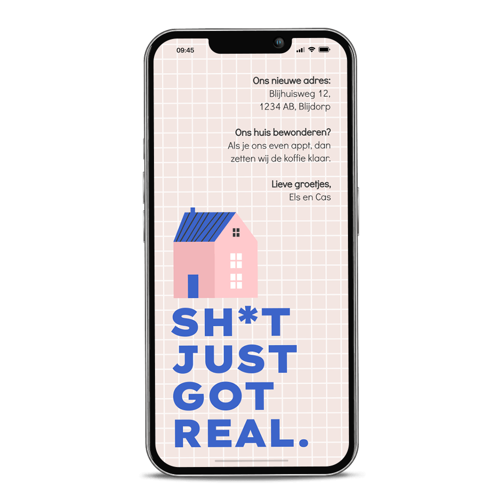 Grappige verhuiskaart digitaal met huis en grappige tekst