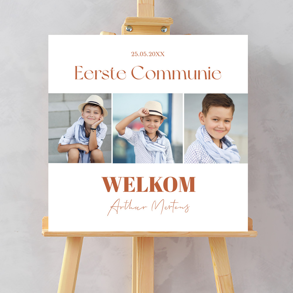 Welkomstbord communie jongen wit met fotocollage