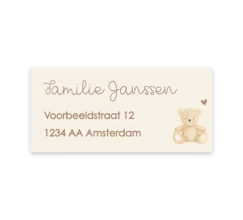Adressticker in neutrale kleuren met beertje en hartje