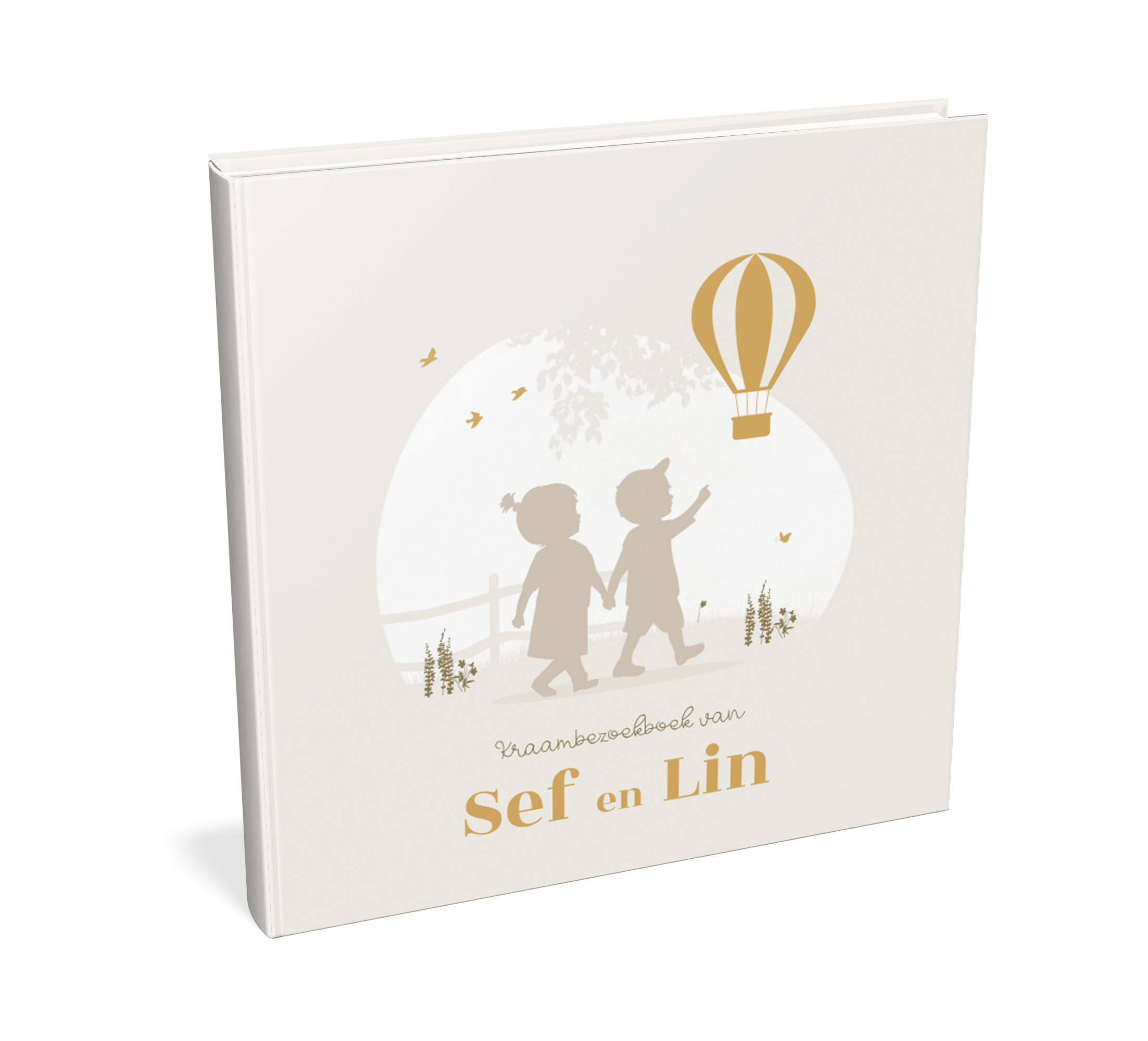 Mooi kraambezoekboek met silhouetjes van tweeling en luchtballon
