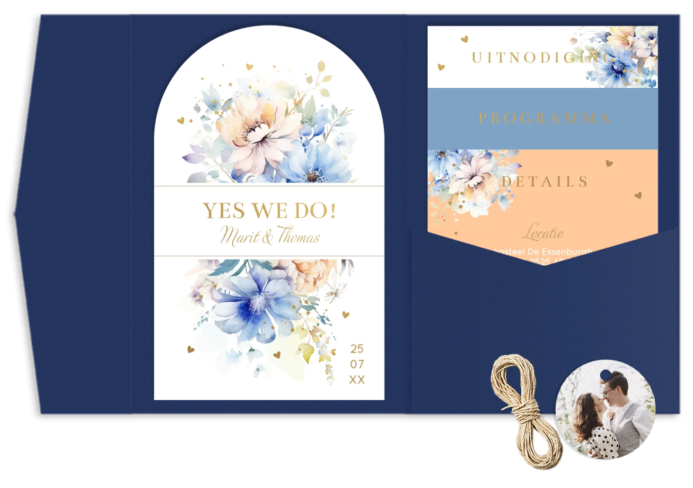 Pocketfold trouwkaart bloemen blauw peach goudfolie