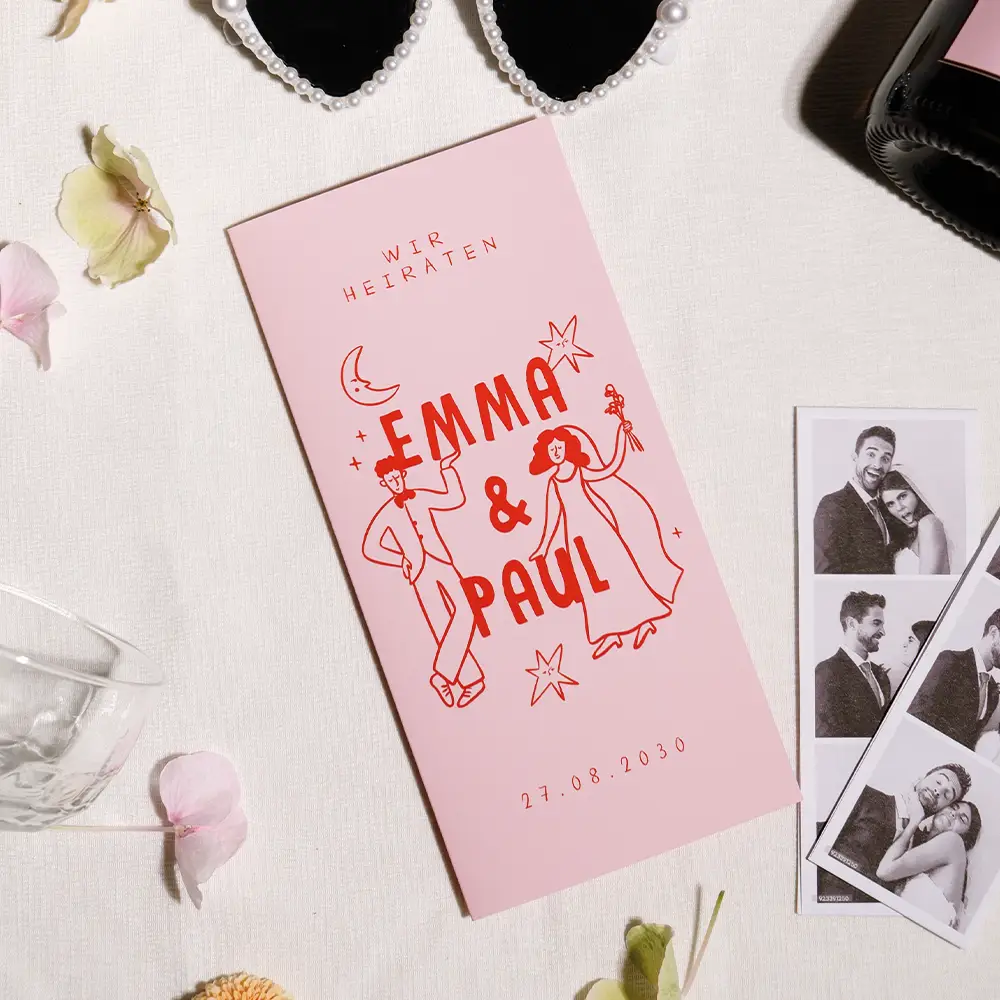 Verspielte Hochzeitseinladung in Rosa und Rot mit Illustrationen