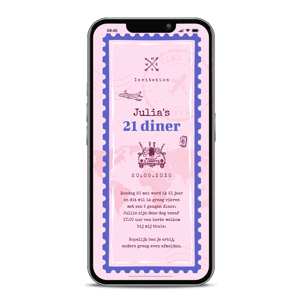 Digitale 21 diner verjaardagsuitnodiging met illustraties reizen