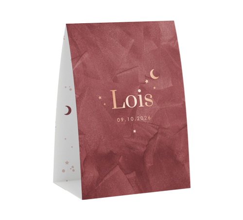 Trendy geboortekaartje in tentvorm met roségoudfolie en velvet-look
