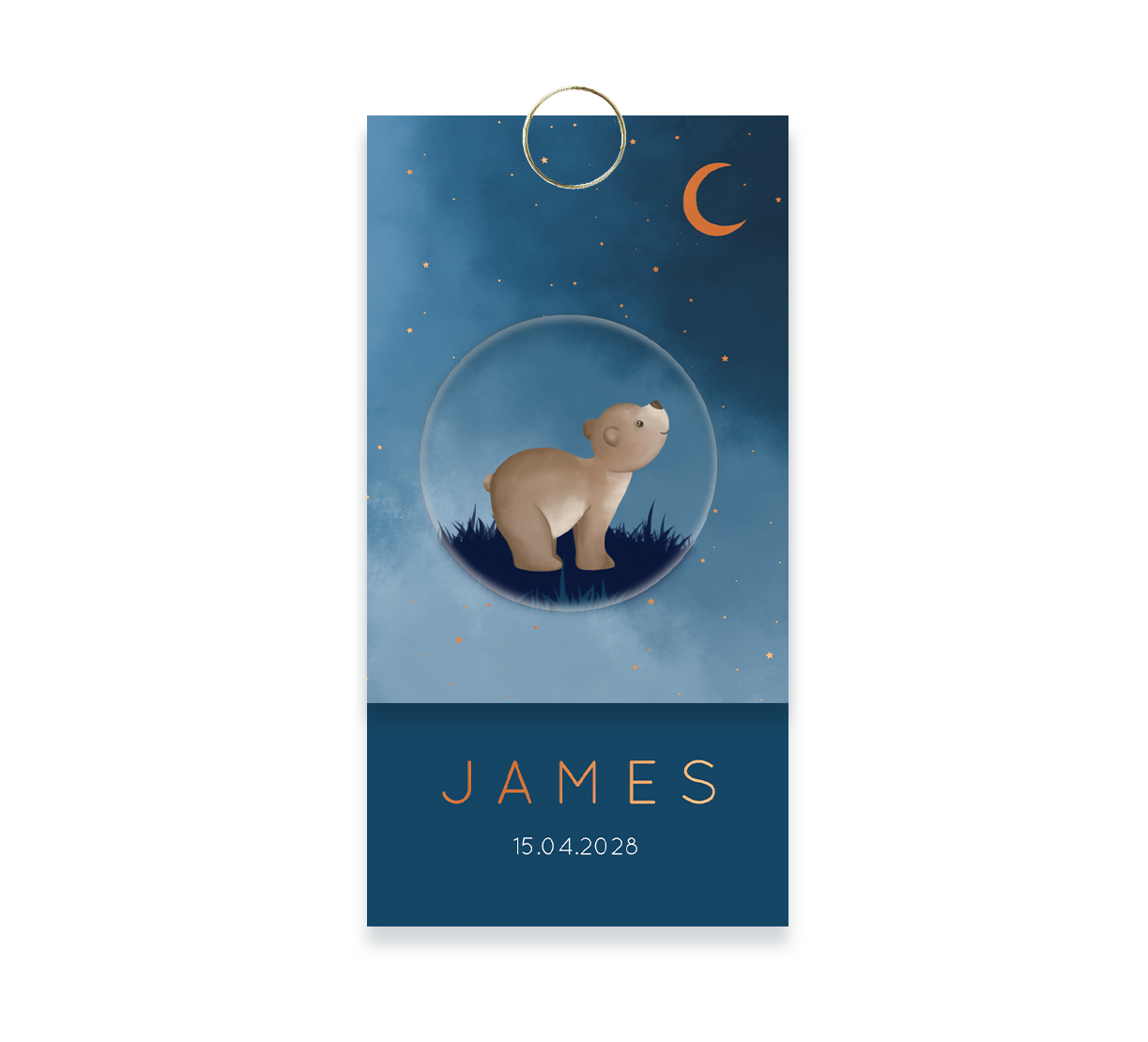 Blauw label geboortekaart hoogglans met beer en sterrenhemel