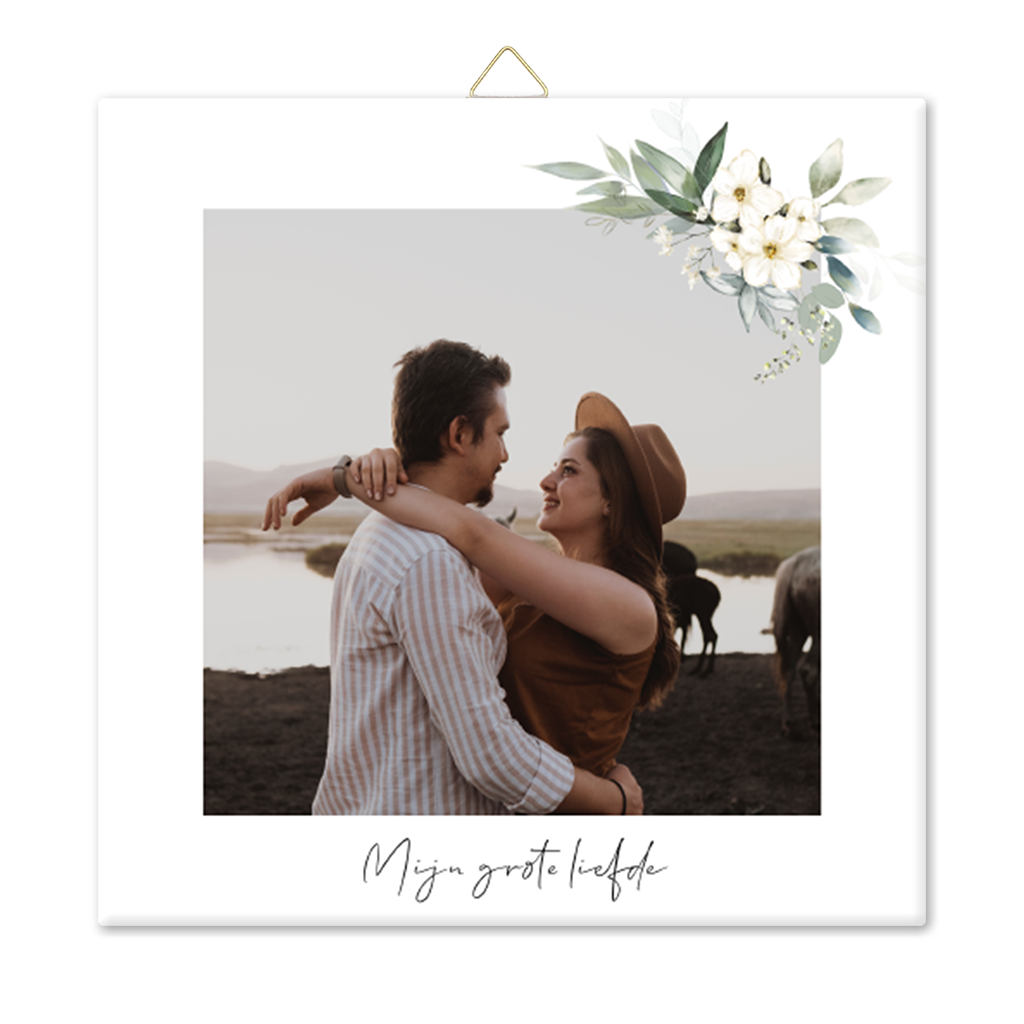 Foto tegeltje met tekst en bloemen detail