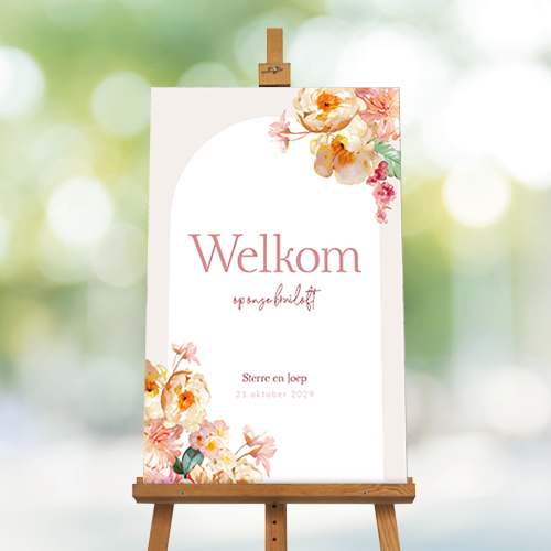 Bruiloft welkomstbord met romantische aquarel bloemen