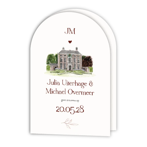 Dubbel boog trouwkaart met illustratie trouwlocatie bordeaux
