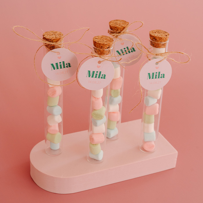 Doopsuiker label in colourblocking trend met lila en groen | 16 stuks