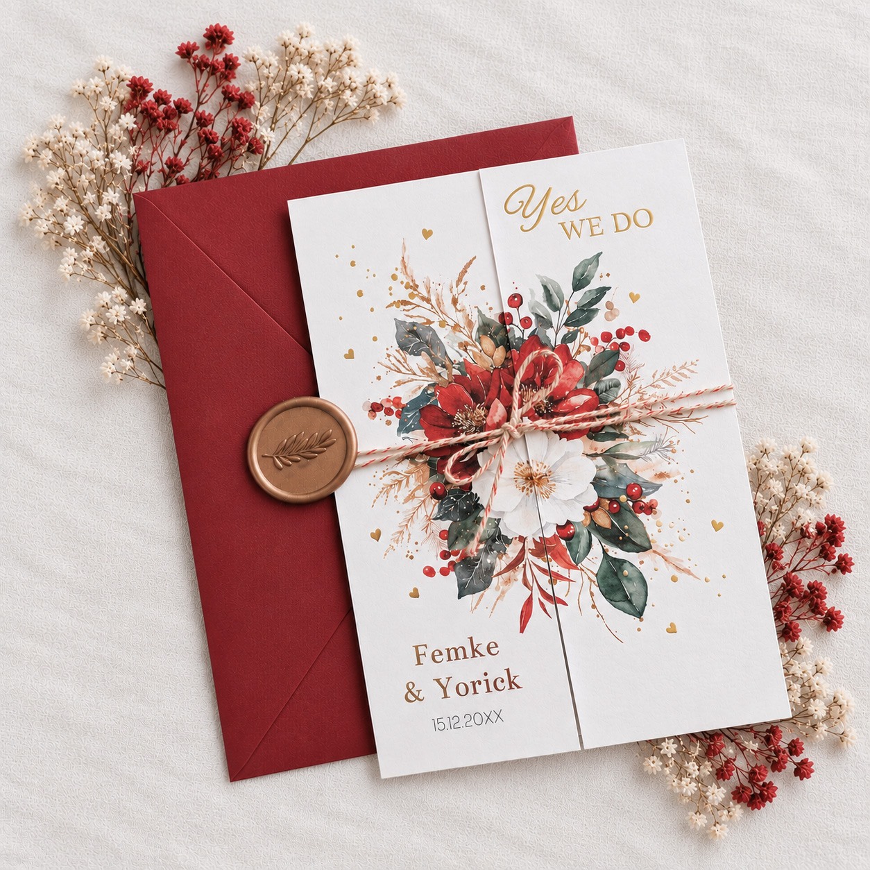 Drieluik trouwkaart kerst bloemen rood winter wedding