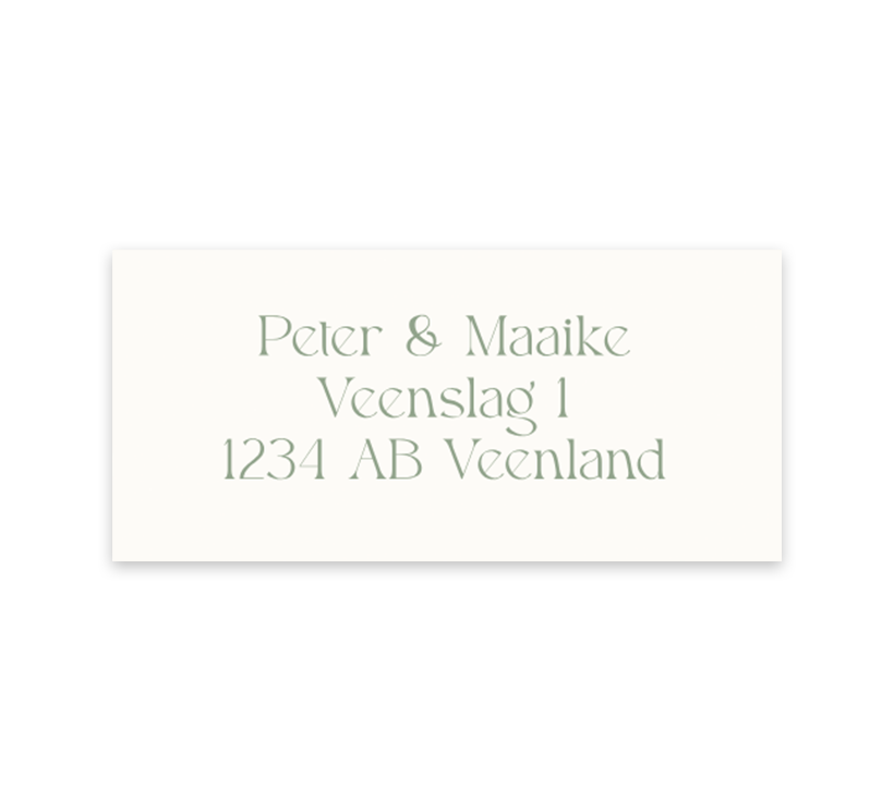 Minimalistische adressticker met groene typografie