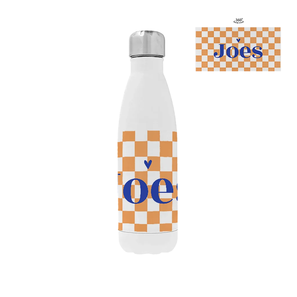 Rvs drinkfles met naam en oranje ruitjes
