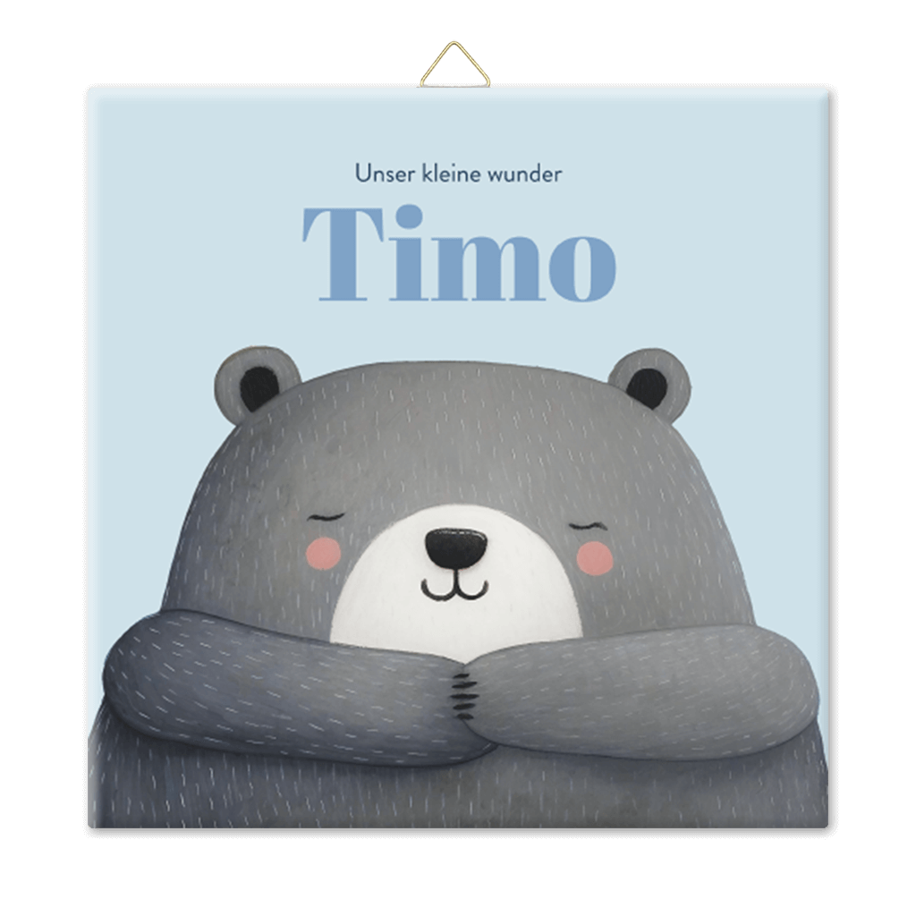Blaue Fotofliese mit süßem Bär und blauem Namen