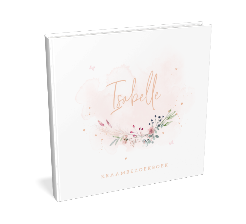 Kraambezoekboek met roze waterverf en bloemenguirlande
