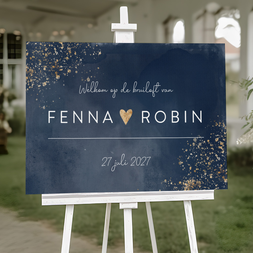 Donkerblauw bruiloftsbord met goudkleurige spetters