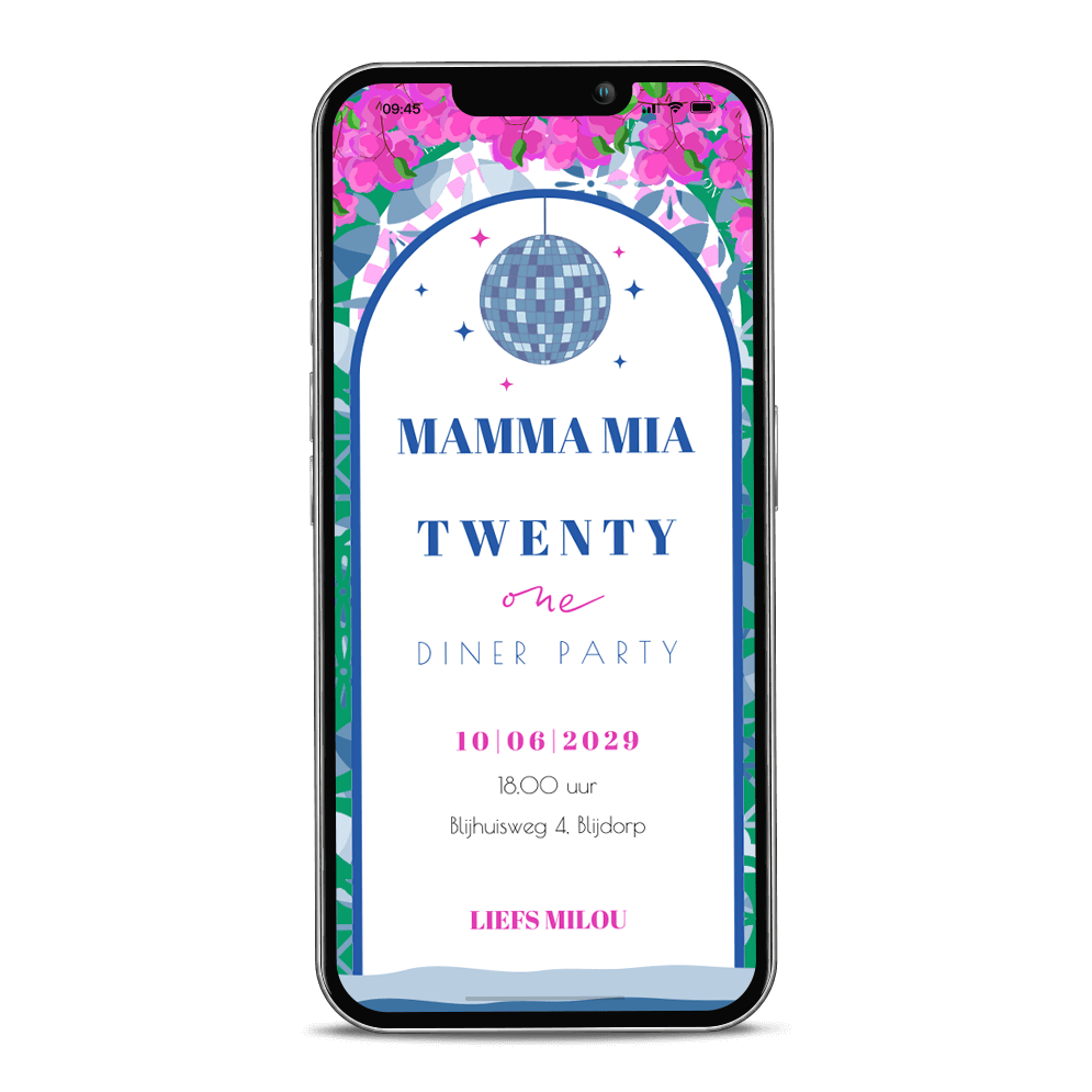Mamma Mia digitale uitnodiging met discobal en bloemen 21 jaar