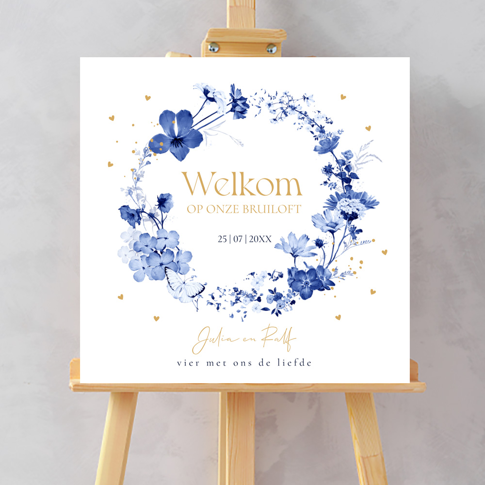 Bruiloftsbord bloemenkrans blauw