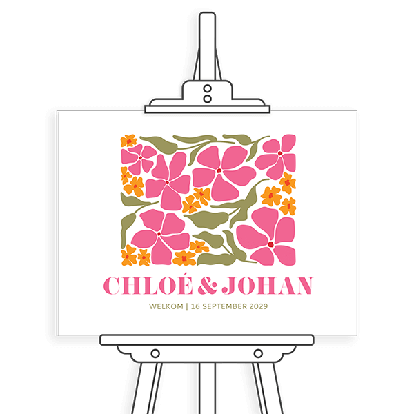 Modern welkomstbord met grafische bloemen