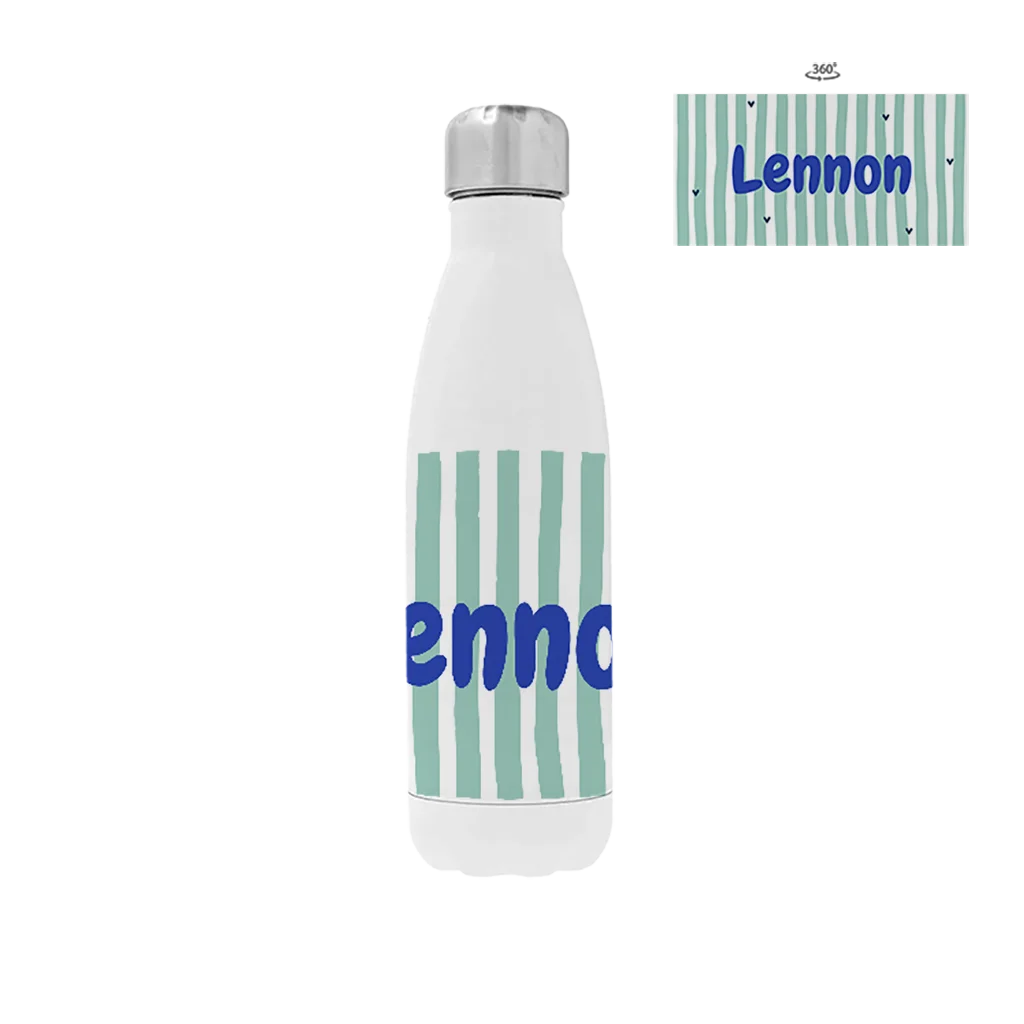 Rvs drinkfles met naam en mintgroene strepen met blauwe accenten