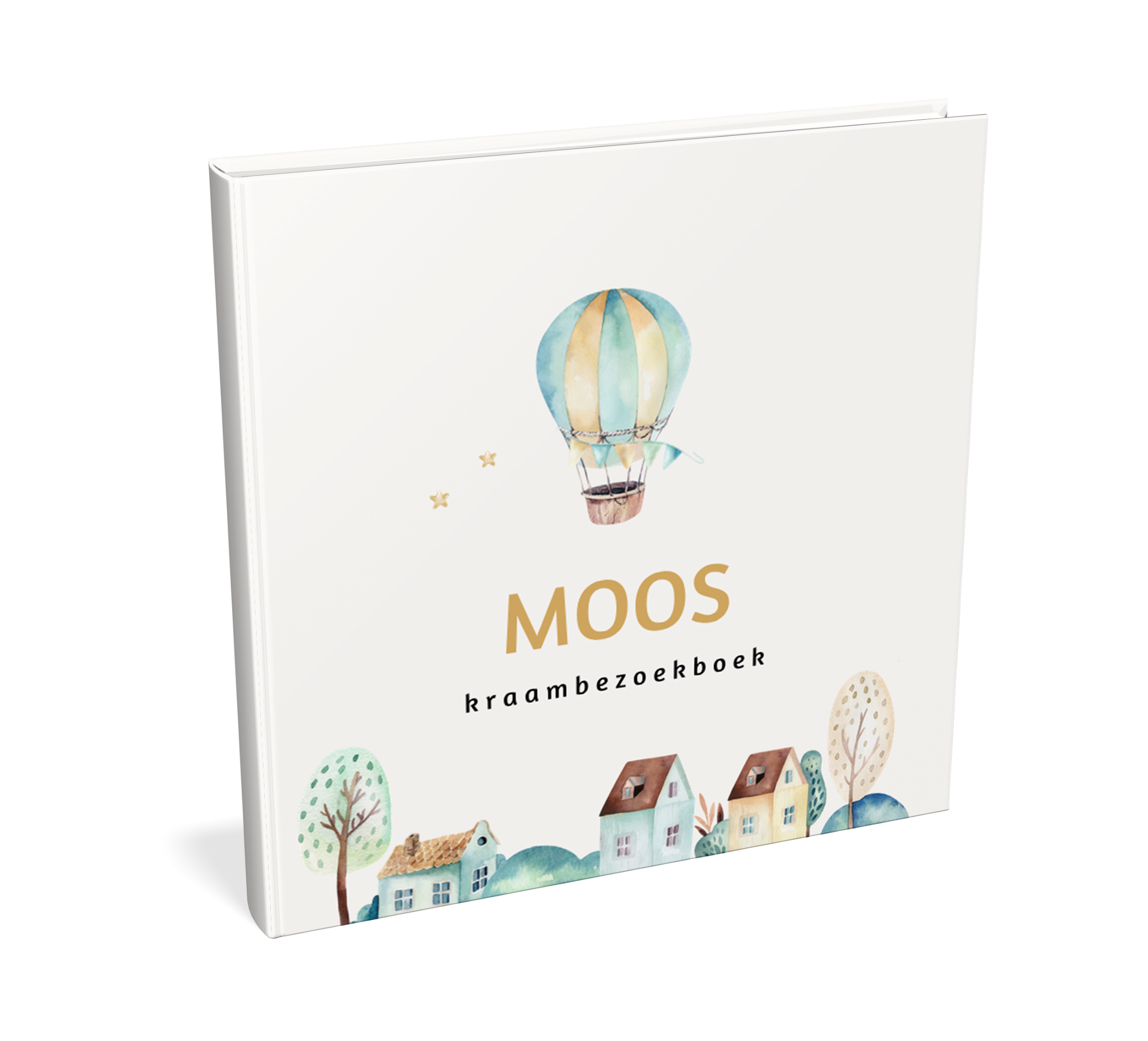 Lief kraambezoekboek met watercolour luchtballon en huisjes