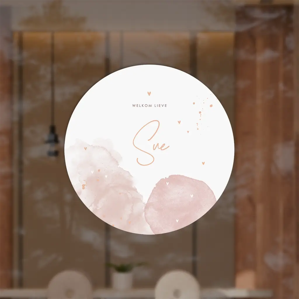 Raamsticker rond met roze watercolour en spetters