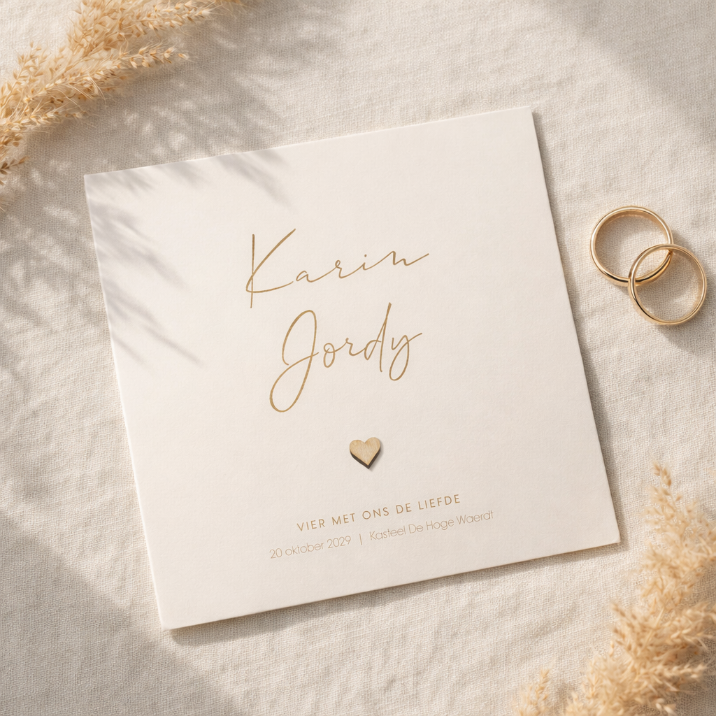 Basic trendy trouwkaart met houten hartje