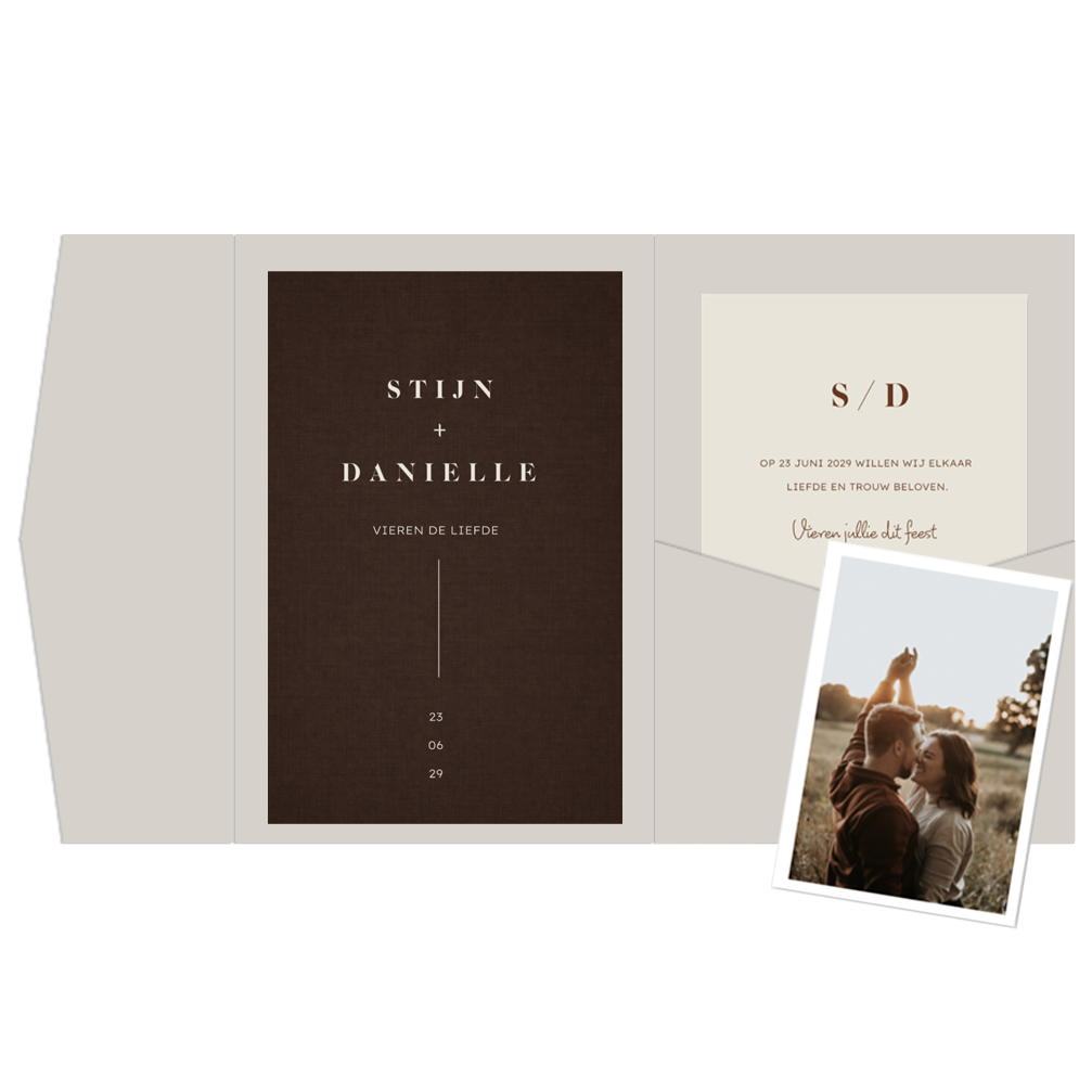 Pocketfold trouwkaart roestbruin met extra kaartjes en foto