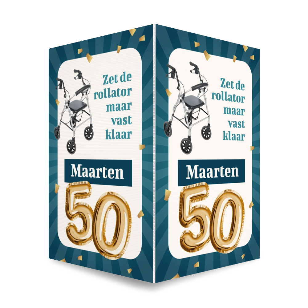 Abraham raambord 50 jaar met ballon, confetti en rollator