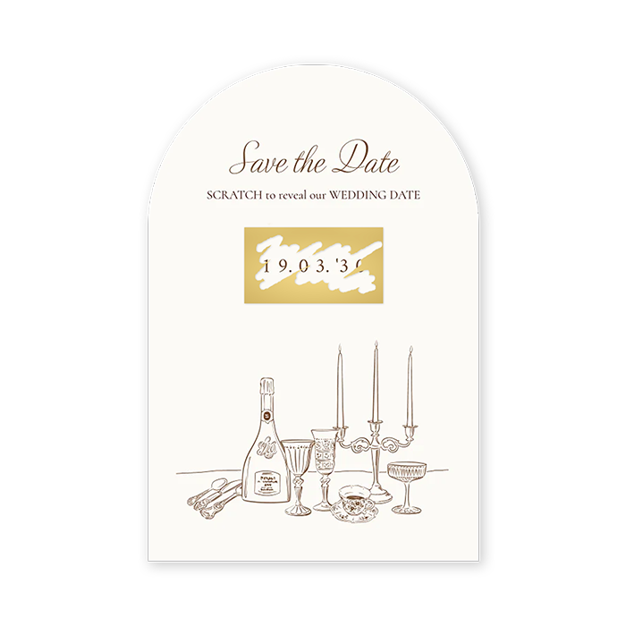 Vintage Save the Date met tekening en krassticker - boogvorm