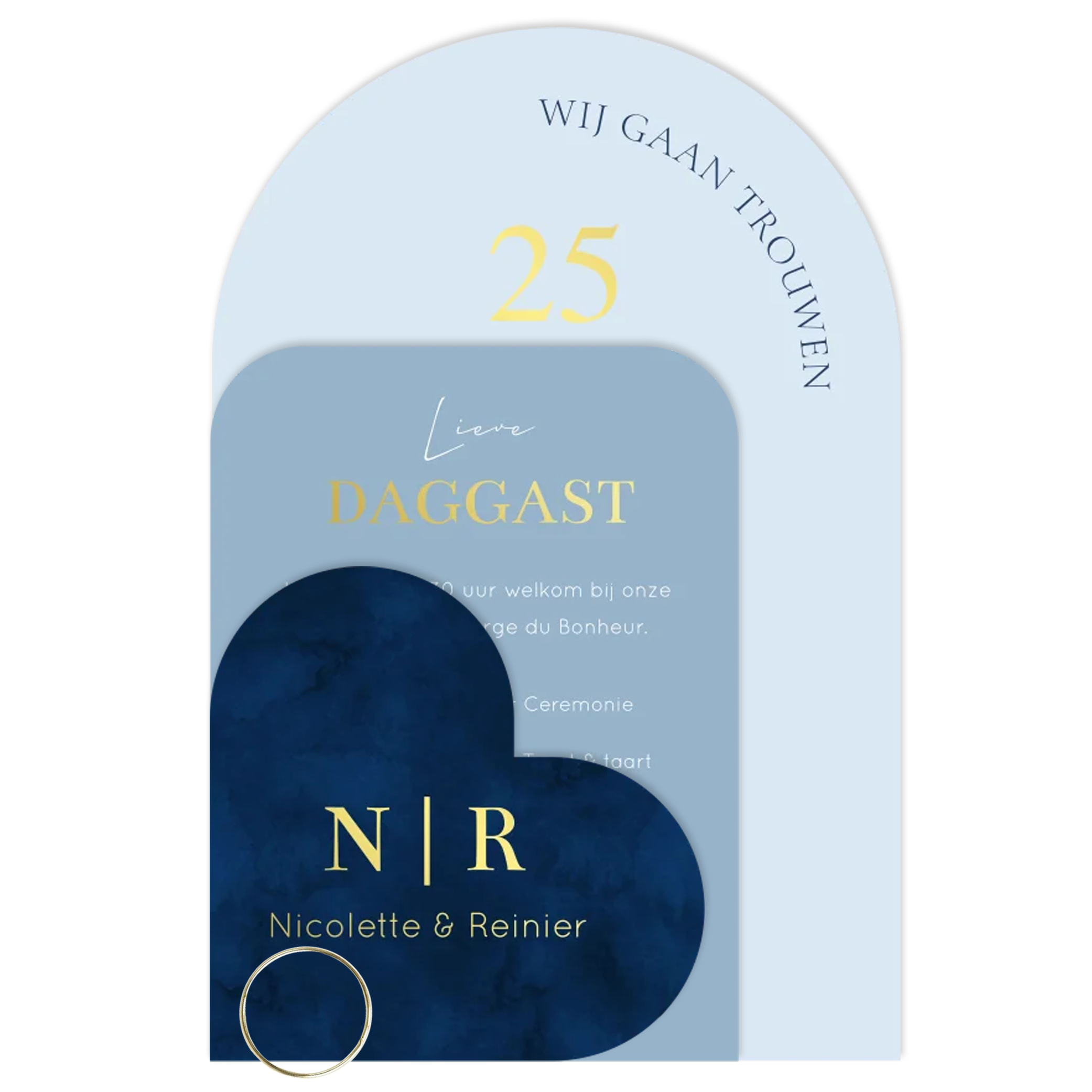 Stijlvolle label trouwkaart blauw hartje goudfolie | 11.4 × 17.1 cm