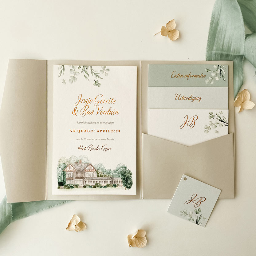 Pocketfold trouwkaart groene takjes locatie koperfolie