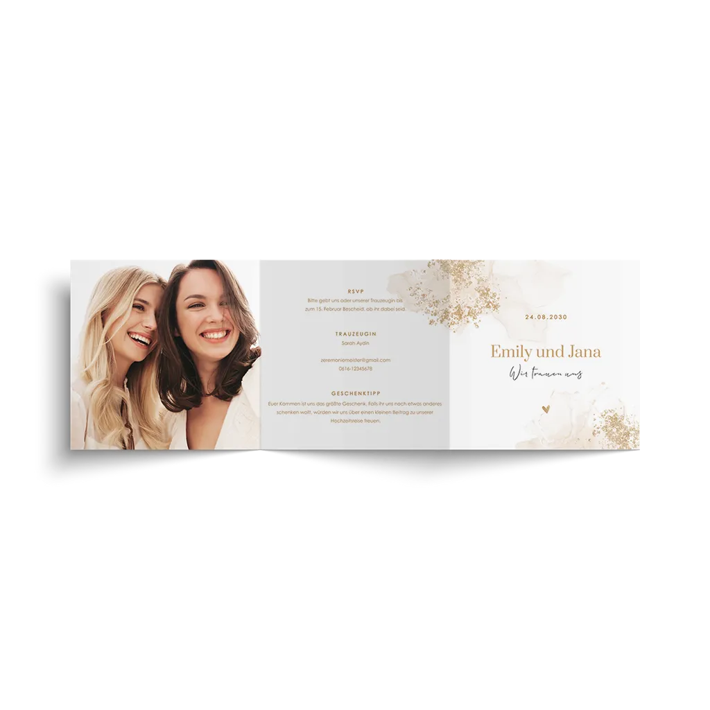 Hochzeitseinladung Triptychon mit beiger Wasserfarbe und Goldspritzern