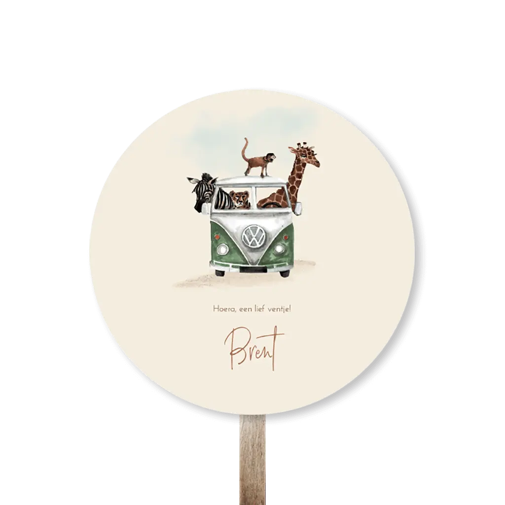 Tuinbord rond beige met busje vol jungledieren