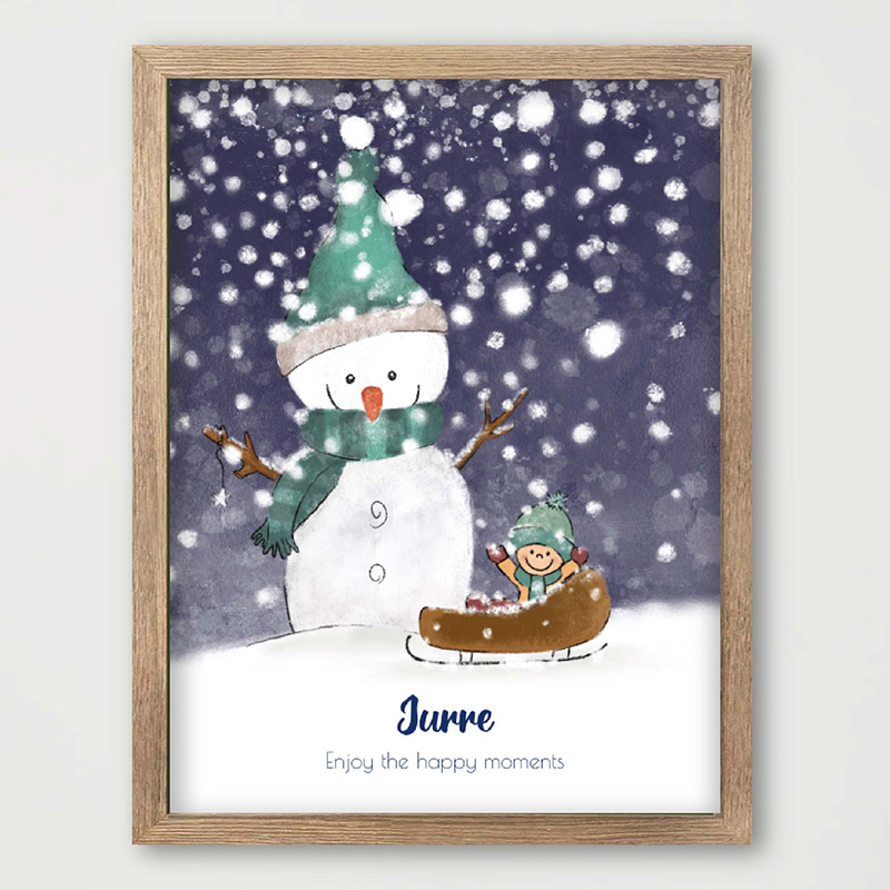 Winterse kinderkamerposter met sneeuwpop – gepersonaliseerd met naam