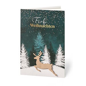 Private Weihnachtskarte springender Hirsch in nächtlichem Wald 