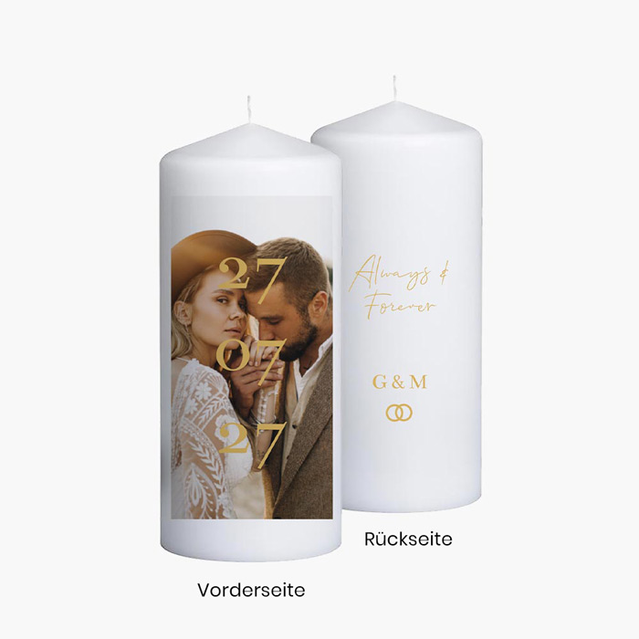 Personalisierte Hochzeitskerze mit Foto und Datum - 20 cm lang, 8cm Ø