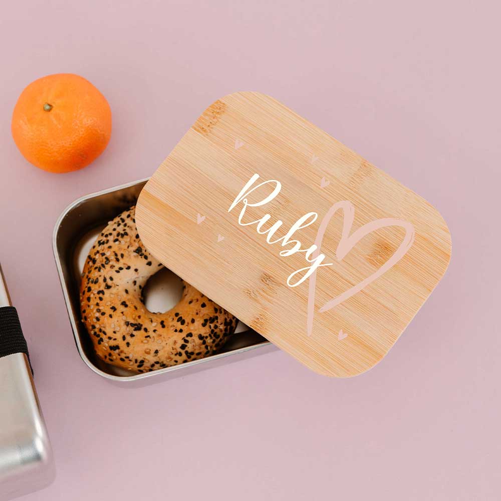 RVS broodtrommel met naam en hartjes