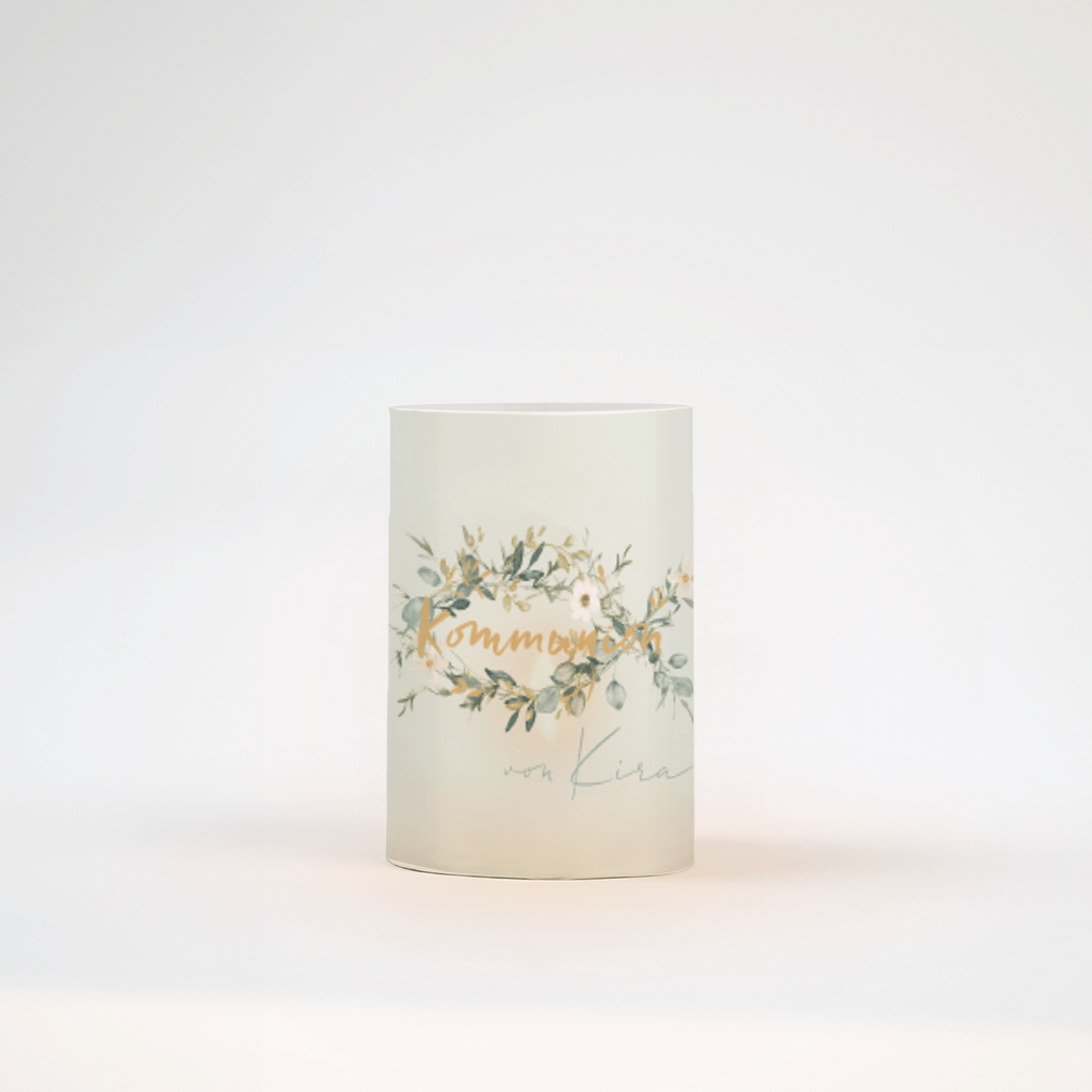 Windlicht zur Kommunion mit eigenem Namen und Fisch aus Blättern