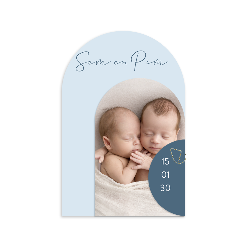 Tweeling geboortekaartje met drie lagen en foto blauw