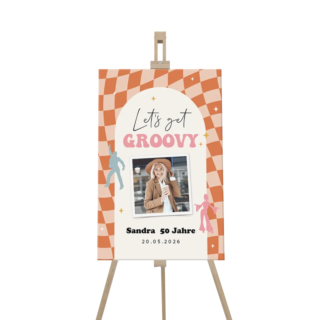 Willkommensschild zur 70s Party mit Foto