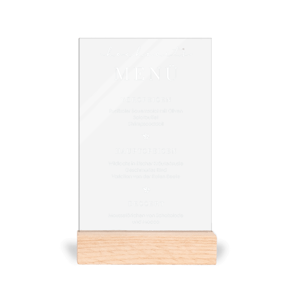 Acrylglas - Menükarte mit weißer Schrift